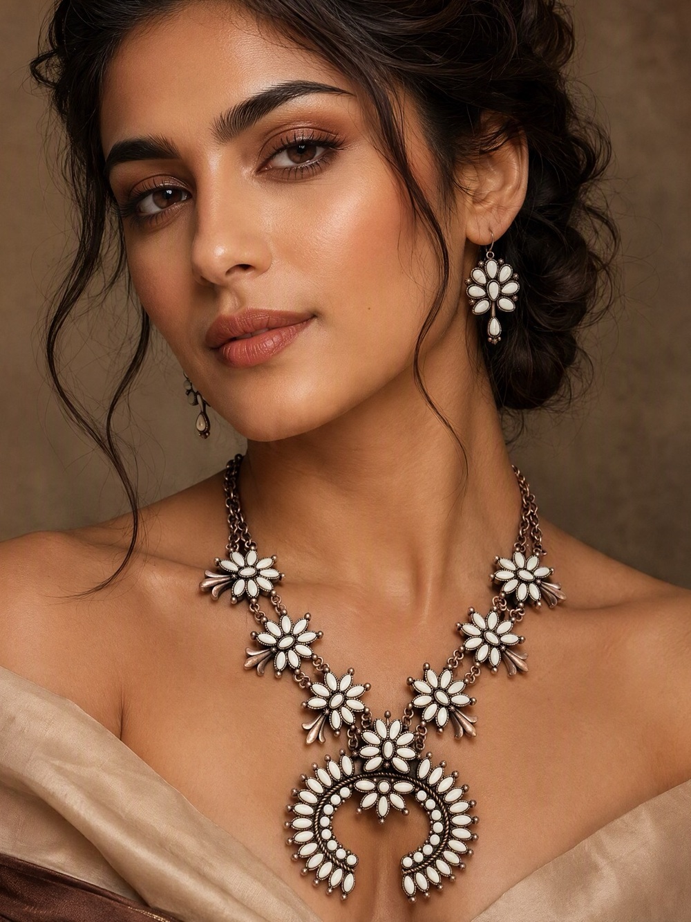 Bronze White stone Floral Necklace and Earring Set